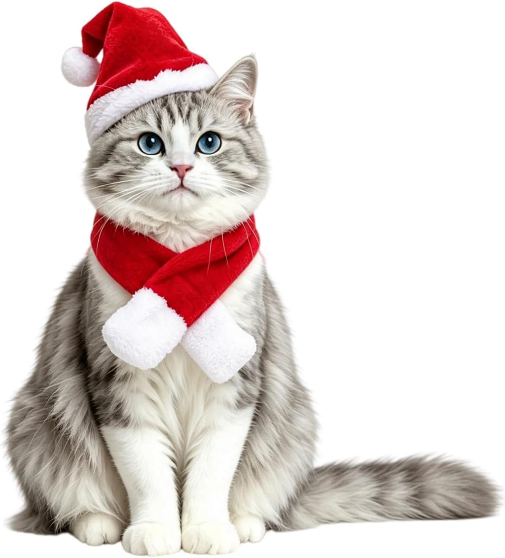 NAMSAN Pet Christmas Costume for Cats Small Dogs Rabbits, Santa Cat Hat with Red Scarf, Small Dog Xmas Hat Scarves, Red Christmas Cat Outfit for Holiday Party Cosplay Statue Decoration