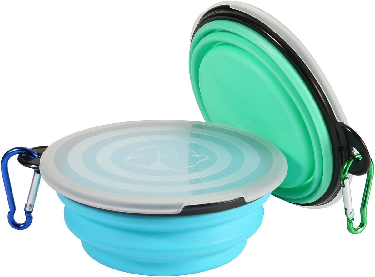 SLSON Collapsible Bowl with Cover Lids,2 Pack Dog Travel Bowls Portable Foldable Cat Water Dish Bowl for Pets Walking Parking Camping (Light Blue and Green, Small) 