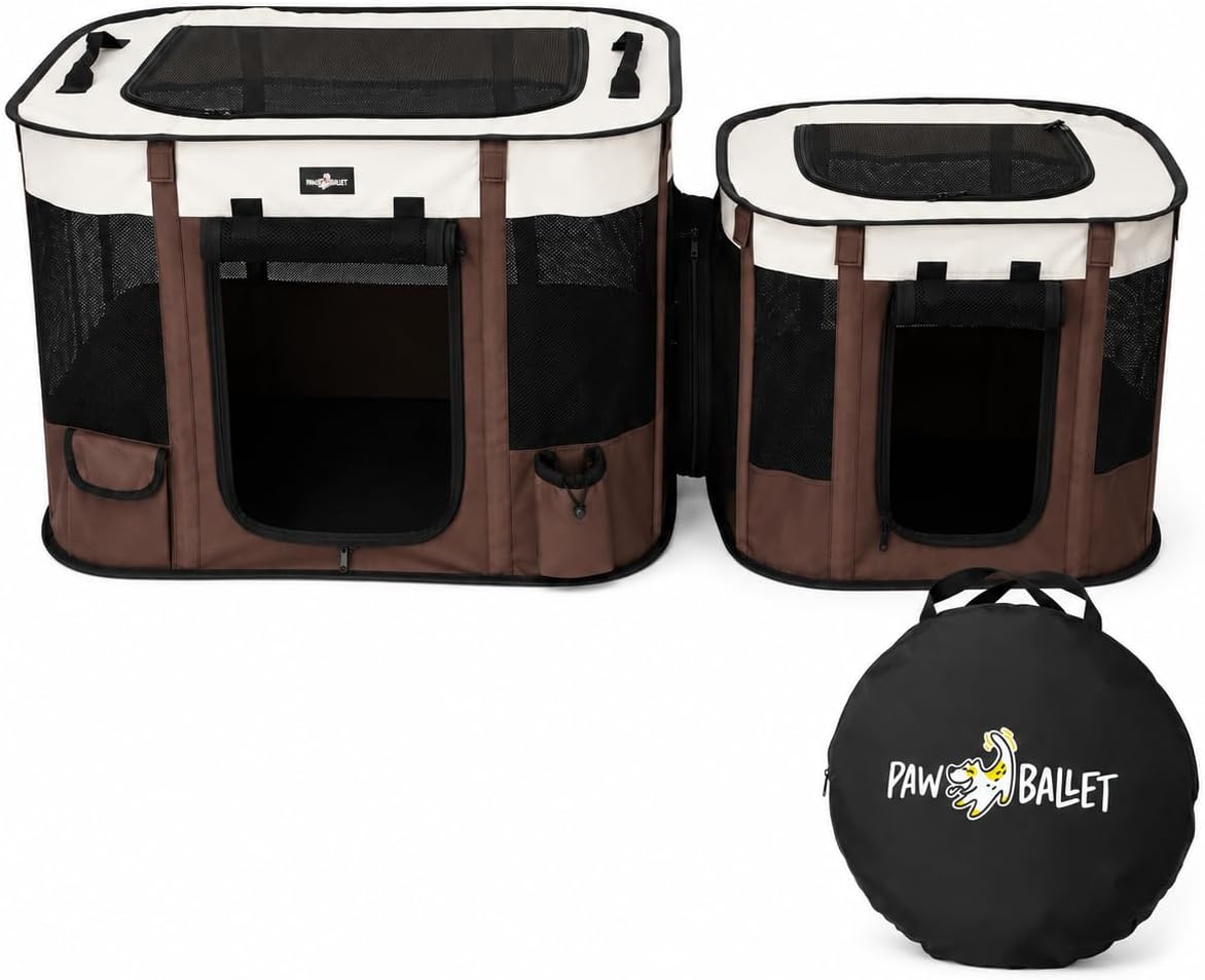 Paw Ballet 2-in-1 Dual-Zone Pet Playpen for Cats & Small Dogs, Portable Indoor Outdoor Pet Enclosure with Connected Rest & Feeding Areas, Foldable Pet Tent with Carrying Bag