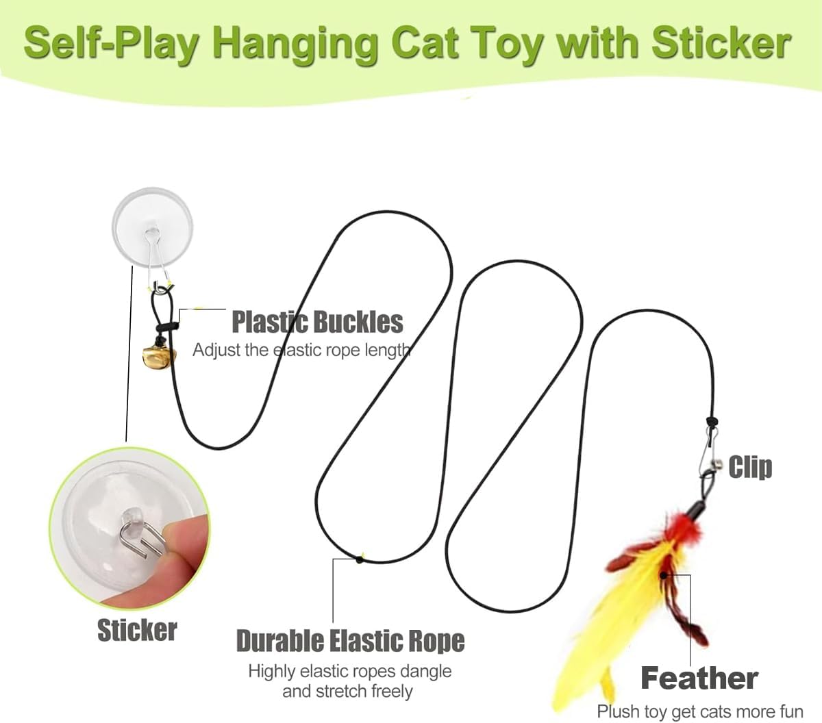 Suction Cup Door Hanging Cat Toy Set, Assorted Replaceable Refills Feather Worm Ribbon Mouse Butterfly Interactive Kitten Play Toy (Feather Set (10Pcs))