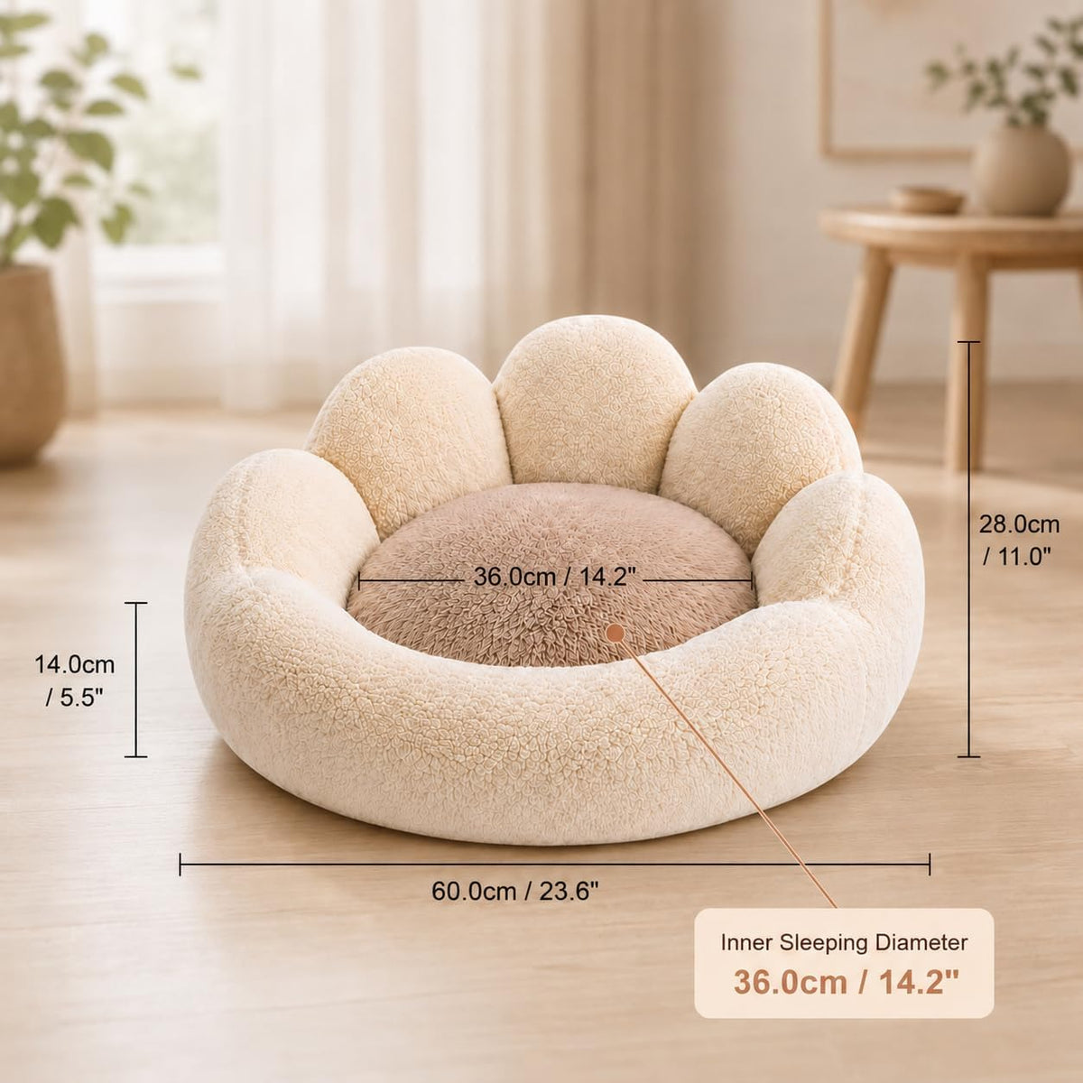 Small Dog Bed, Flower-Shaped Calming Cat Bed, 23 in, Beige
