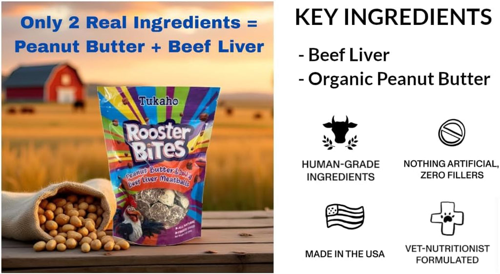 Rooster Bites Peanut Butter Beef Liver Dog Treats – Only 2 Ingredient Freeze Dried Training Treats for Dogs & Cats – High Protein, All Natural, Made in USA – Picky Eater Approved