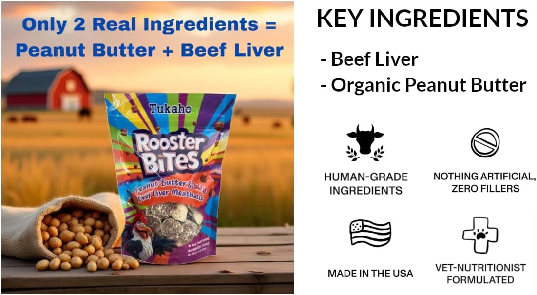 Rooster Bites Peanut Butter Beef Liver Dog Treats – Only 2 Ingredient Freeze Dried Training Treats for Dogs & Cats – High Protein, All Natural, Made in USA – Picky Eater Approved