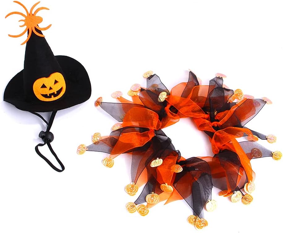 Cat Witch Halloween Costume Suit, Hmxpls Small Dogs & Cats Tutu Collar and Witch Pumpkin Hat Cute Costume Suit Kitten Outfit Clothing for Birthday Party Thanksgiving Christmas Holiday