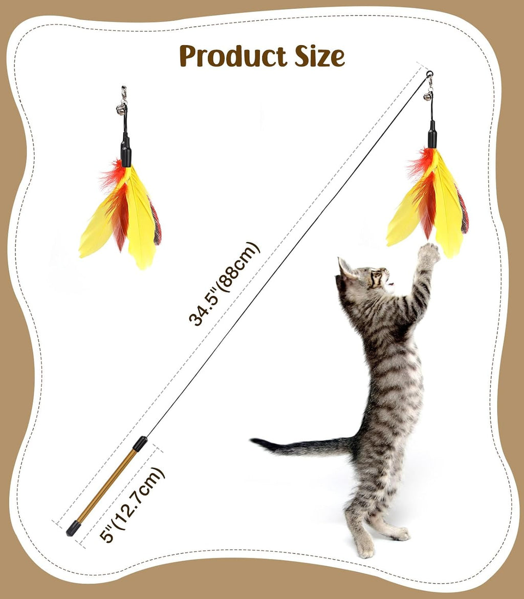 Pawaboo Cat Feather Wand Interactive Toy, 2 Feathers + 1 Wand with Bell | Cat Feather Teaser Toys Flying Catcher Extra Long 34.5" Wand Exerciser Playing Chase Cat Toy Wands for Kitten, Yellow& Red