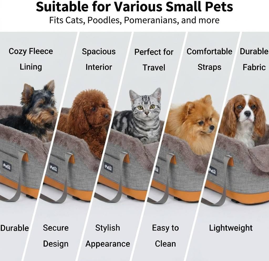 Pet Car Center Console Elevated Armrest Car Seat for Small Puppy, Dogs & Cats (Up to 10 lbs) – Dark Gray Washable Plush Carrier with Safety Leash, Fits Front Vehicle Console Space (Khaki)