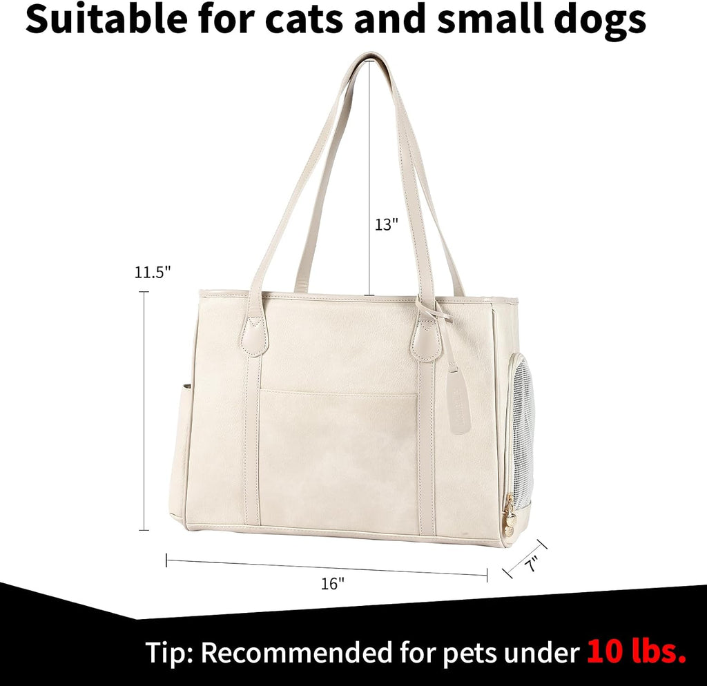 Stylish Dog Purse Carrier, Leather Pet Carrier Bag for Small Dogs Cats Puppy, Airline Approved Soft-Sided Carrier Beige