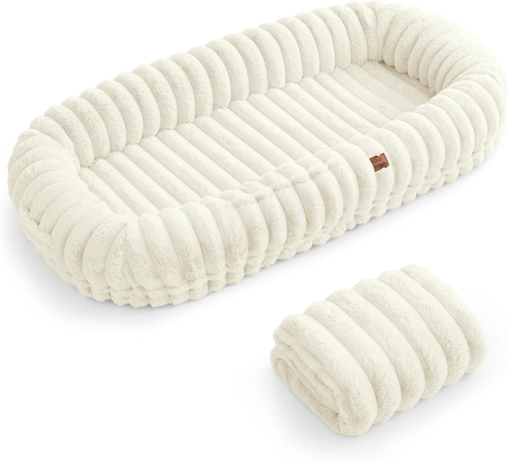 ChiXnuggle Orthopedic Human Dog Bed,Striped Faux Fur Washable Cover,Blanket