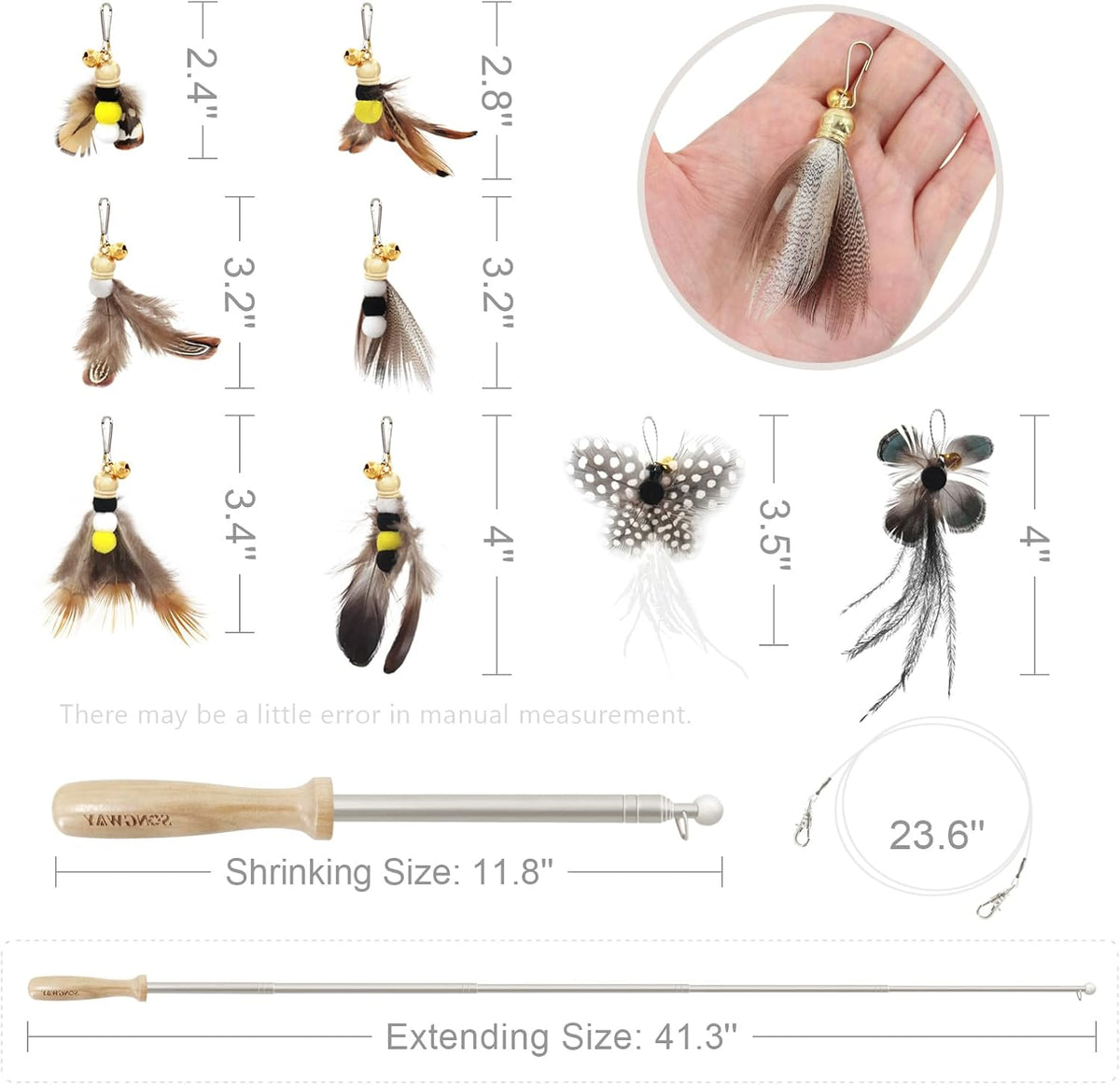SONGWAY Cat Toys Feather Wand - Retractable Cat Wand Toy and 8 Pieces Insect Cat Feather Toys with Bell, Interactive Cat Toys for Indoor Cats Kittens
