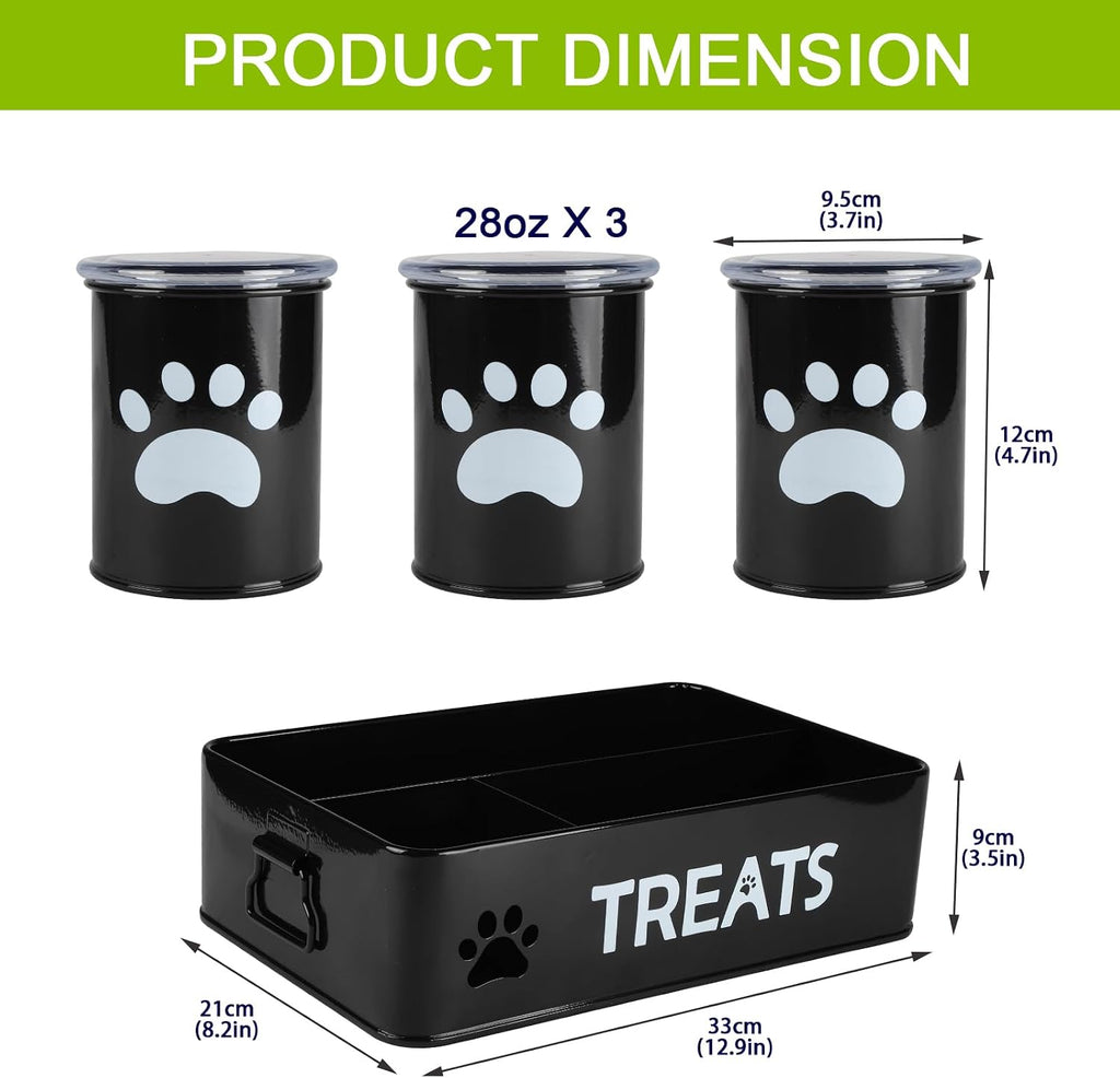 28oz Metal Dog Treat Container Set of 3,Dog Treat Jars with Airtight Lids,Cat Treat Jar,Dog Treat Canister for Countertop,Coated Galvanized Steel Dog Treats Station-Black