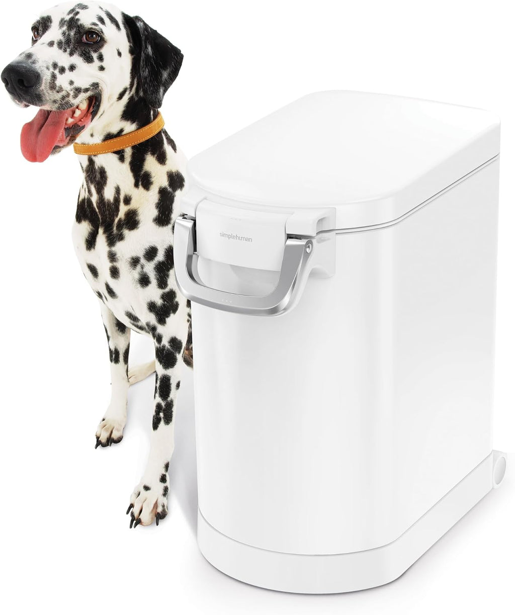 simplehuman Medium Pet Food Storage Container, Holds 25-29 lb / 11-13 kg of Dry Dog Food, Cat Food, or Bird Seed, Airtight Lock-Tight Lid with Magnetic Scoop, BPA-Free, White Steel