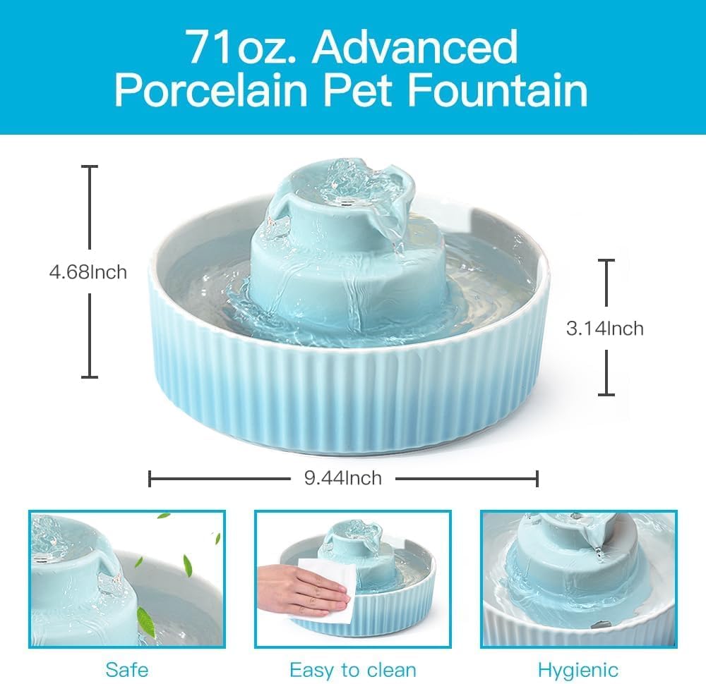 2.1L Ceramic Cat Water Fountain-for Cats and Dogs, 360 Ceramic Pet Fountain-70 Oz Large Water Capacity - Whisper-Quiet Water Flow-Great for Shy or Timid Pets - Fresh, Filtered Water (Blue)