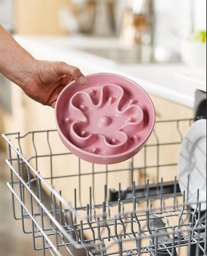 LE TAUCI Ceramic Slow Feed Dog Bowls, Elevated for Small and Medium Breed Dogs, Anti-Gulping Pet Feeding Dishes, Flower Pink, 1.5 Cups 