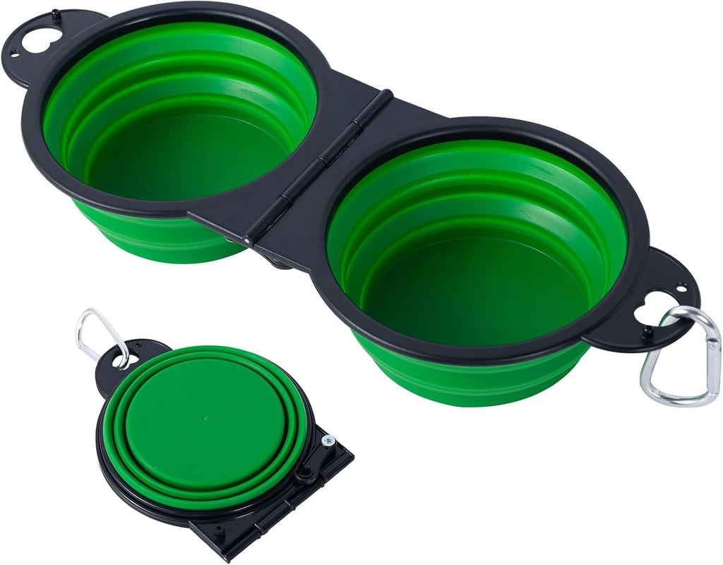 SLSON Collapsible Dog Dual Bowls Reinforced Rim 180 Degrees Flip Over Foldable Double Bowl with Lock Clips More Stable Dog Travel Bowls Pet Food Water Feeder (Green)