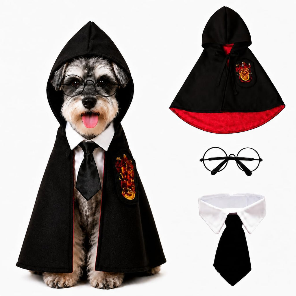 Small Dog Halloween Costumes - Adjustable Dog Wizard Costume,Pet Hooded Cape Glasses Necktie Set,Funny Halloween Costumes for Small Medium Dogs Boy Girl,Black Red Pet Magician Cosplay Outfits