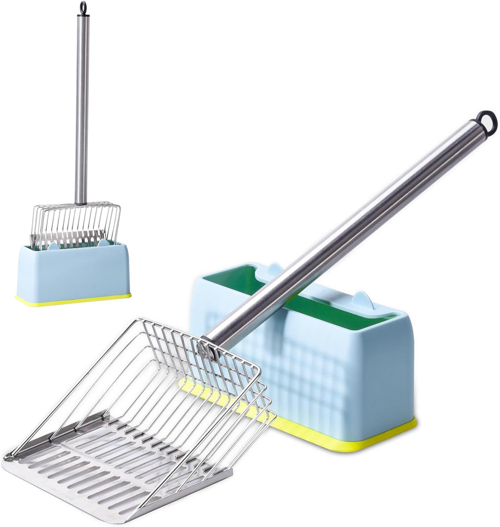 PETOCAT Metal Cat Litter Scoop with Holder Stainless Steel Kitten Poop Scooper, 17.5" Heavy Duty Pet Poop Sifter for Cat Box, Long Handle Large Waste Shovel, Fast Sifting Big Clumps, Solid & Durable