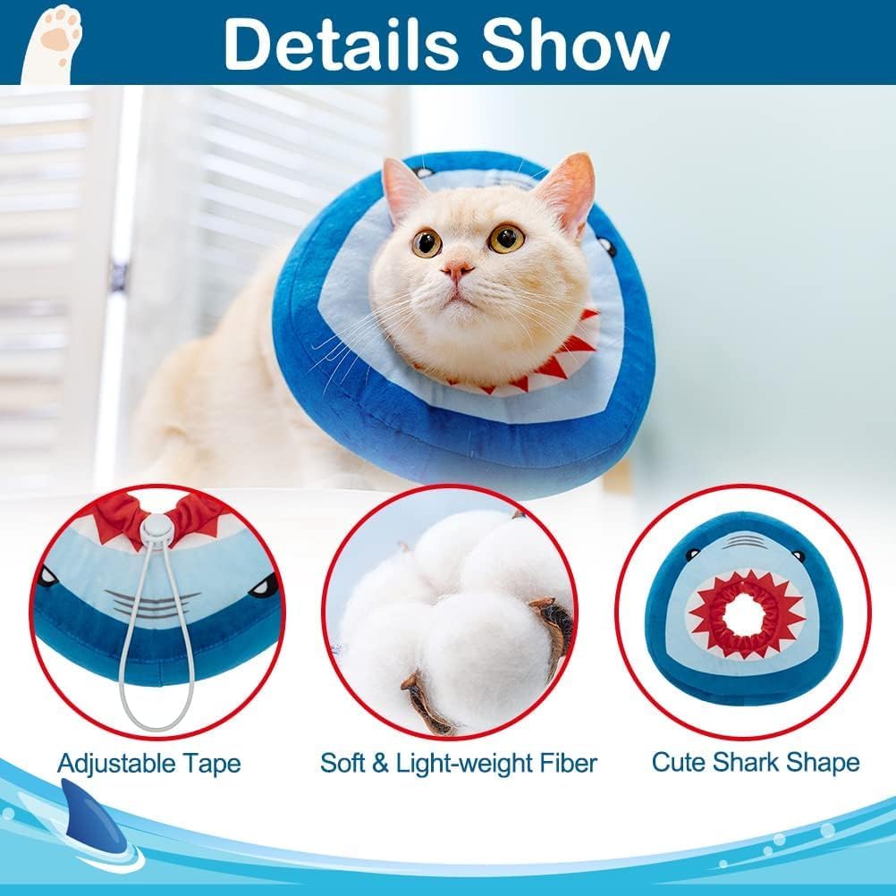 EXPAWLORER Cat Cone Collar Soft, Cat Recovery E Collar After Surgery to Stop Licking, Adjustable Waterproof Neck Elizabethan Pet Kitten Puppy Donut Pillow for Cats Wound Healing, Blue Shark