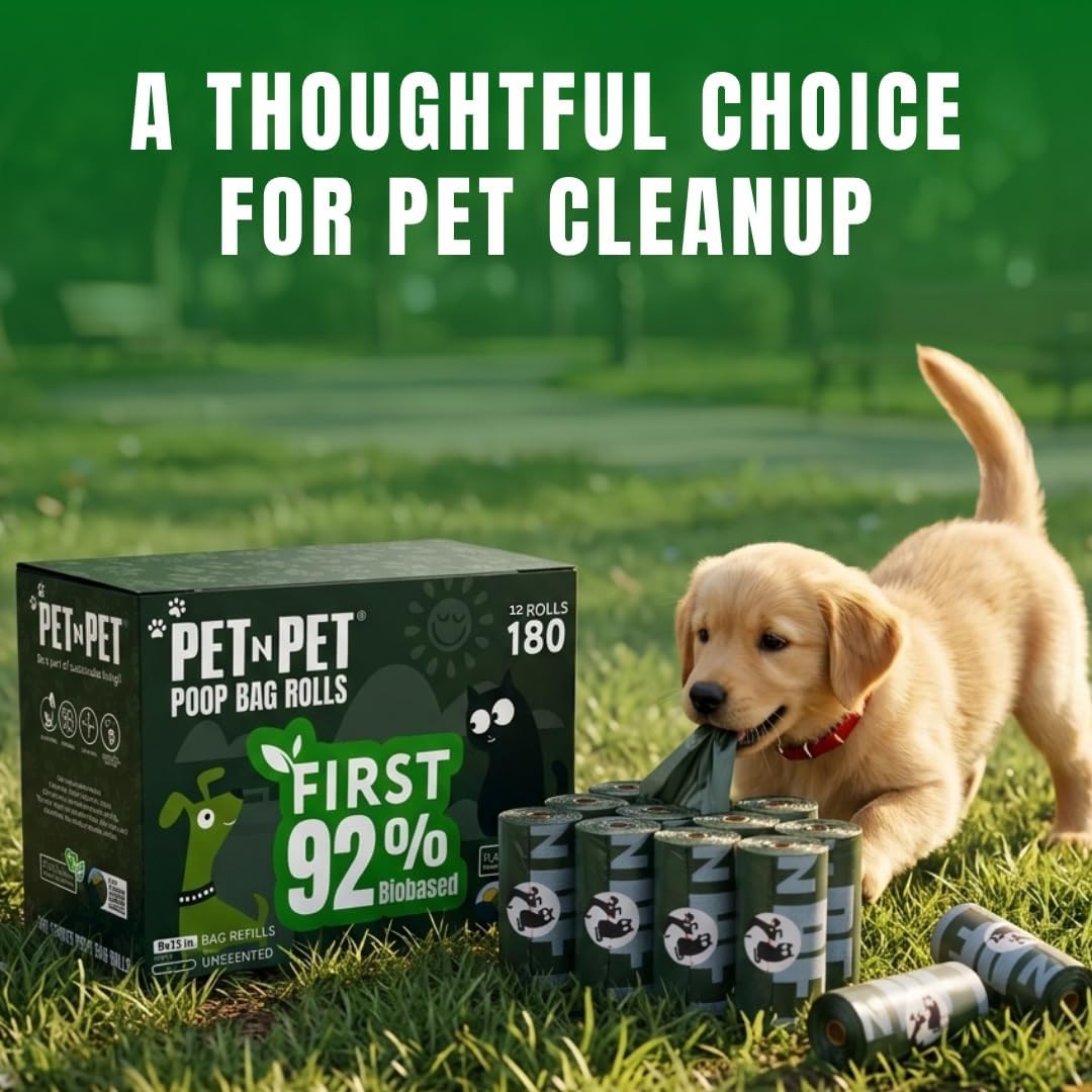 Pet N Pet Dog Poop Bags Rolls, 180 Count, Unscented Leak Proof Thick Waste | 92%, Plant Based, Doggie Poo, Cat, Tear-Resistant, Easy-Tear Design, Reliable, Everyday Convenience, Durable, dog waste bags