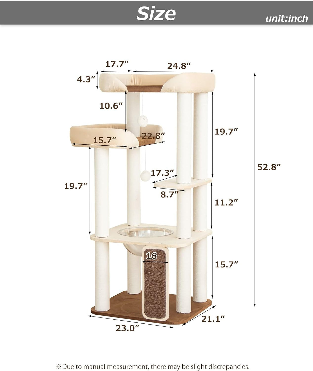 53" Cat Tree Tower for Large Cats, Large Perch & Sisal Board
