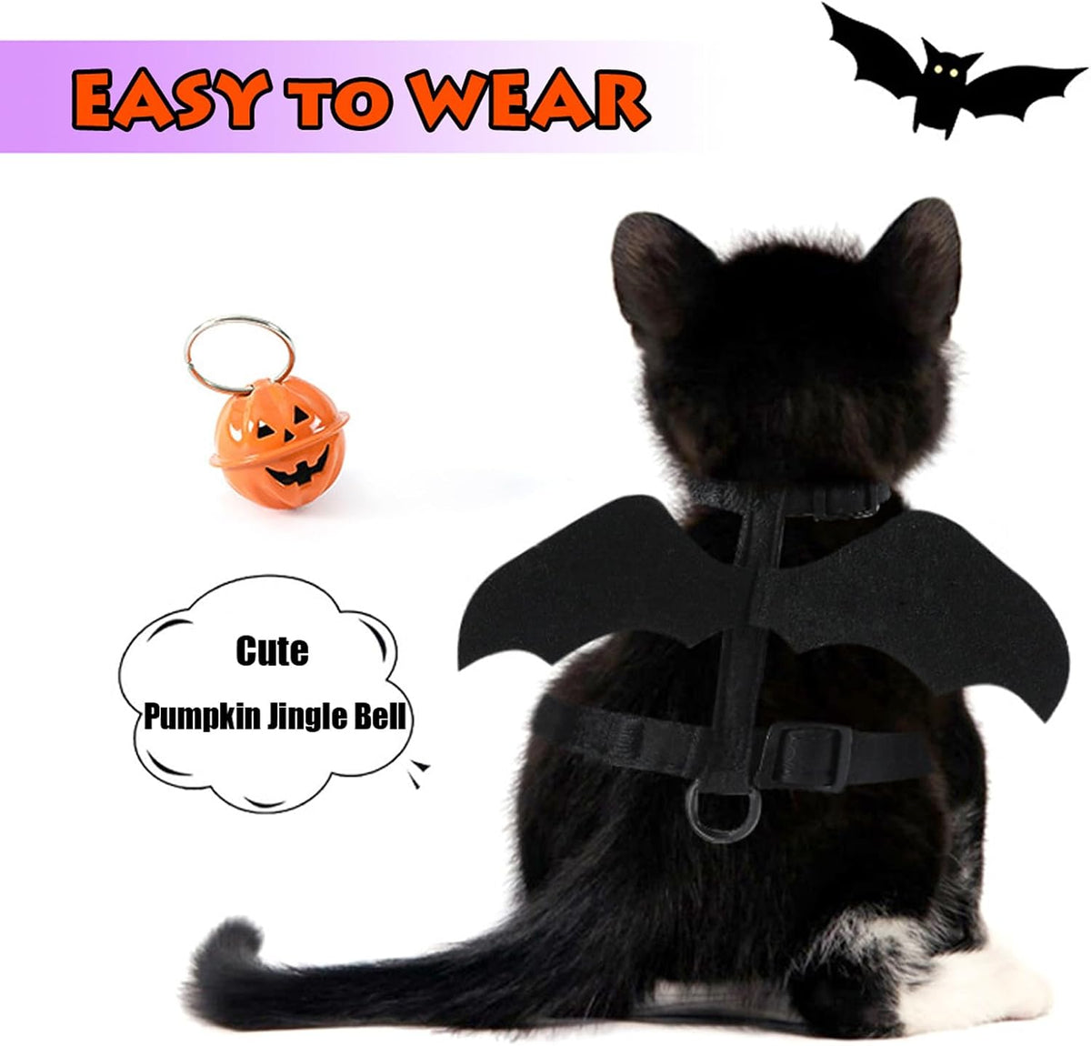 LeLehome Halloween Costume Pet Harness and Leash Set for Cats & Dogs - Cute Bat Wings with Pumpkin Jingle Bell, Adjustable Straps for Kitten, Puppy, Rabbit, Party Cosplay Accessory (S)