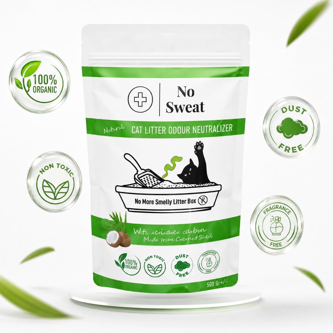 No Sweat Activated Carbon Cat Litter Odour Neutralizer-Made Of Coconut Shell-All Natural-No Chemical,Toxic Ingredients-Unscented-Planet Friendly-Economy Pack-500 GR- Packing May Vary