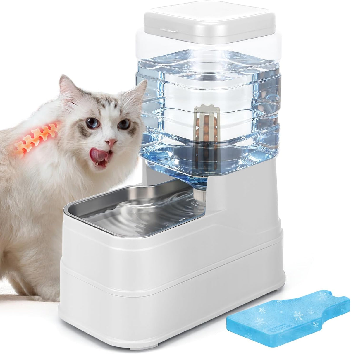 1.6 Gallon Pet Automatic Dog Water Dispenser Cat Gravity Waterer Feeder with Stainless Steel Bowl 8L Large Capacity Puppy Feeding Raised Bowls with Filter,Ice Pack (White, 6L(1.6 Gallon))