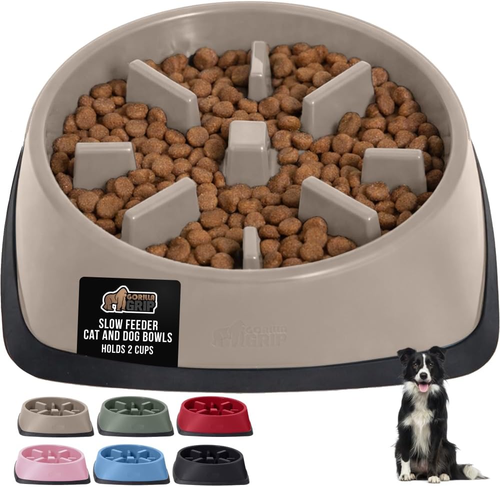 GORILLA GRIP® Patented Slow Feeder Dog and Cat Bowl, BPA Free, 2 Cup Beige