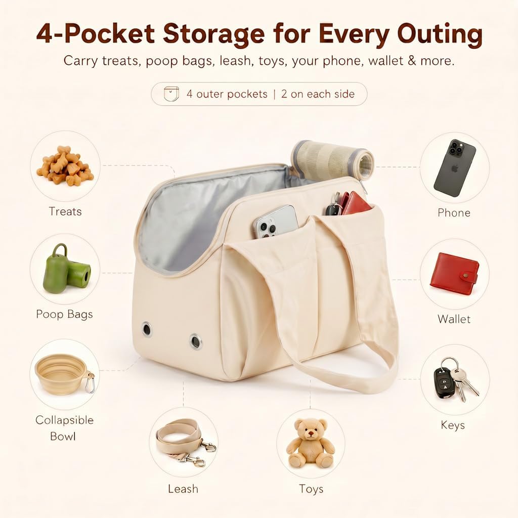 Fashion Dog Purse Carrier for Small Dogs and Cats, Soft-Sided Puppy Tote Bag Up to 6 lbs, Lightweight Pet Carrier with 4 Pockets, Smart Zipper Lock, Pet Travel Bag for Travel Outdoor(Beige)