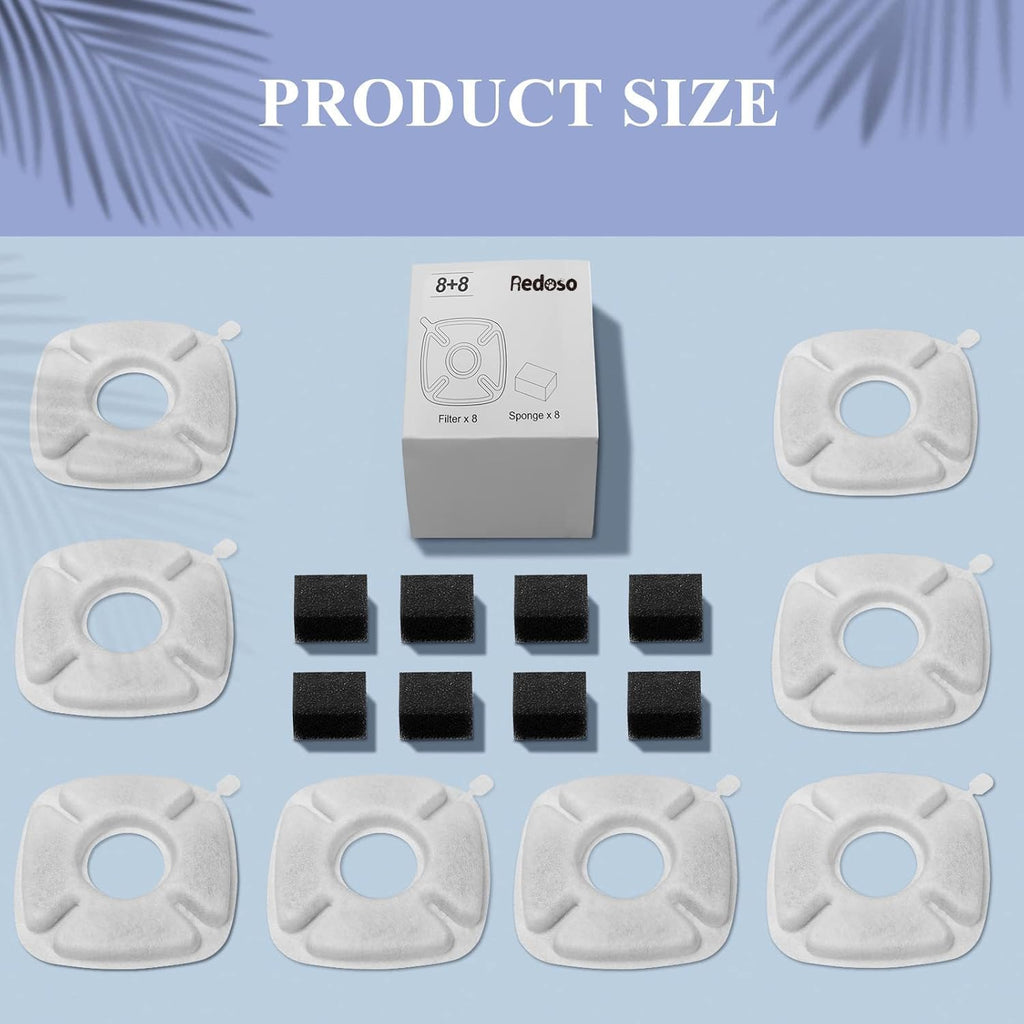 （16 Pieces） 8 Pack Replacement Filters & 8 Pack Replacement Pre-Filter Sponges for Veken 95oz/2.8L Bellflower Pet Fountain Cat Water Fountain Dog Water Dispenser