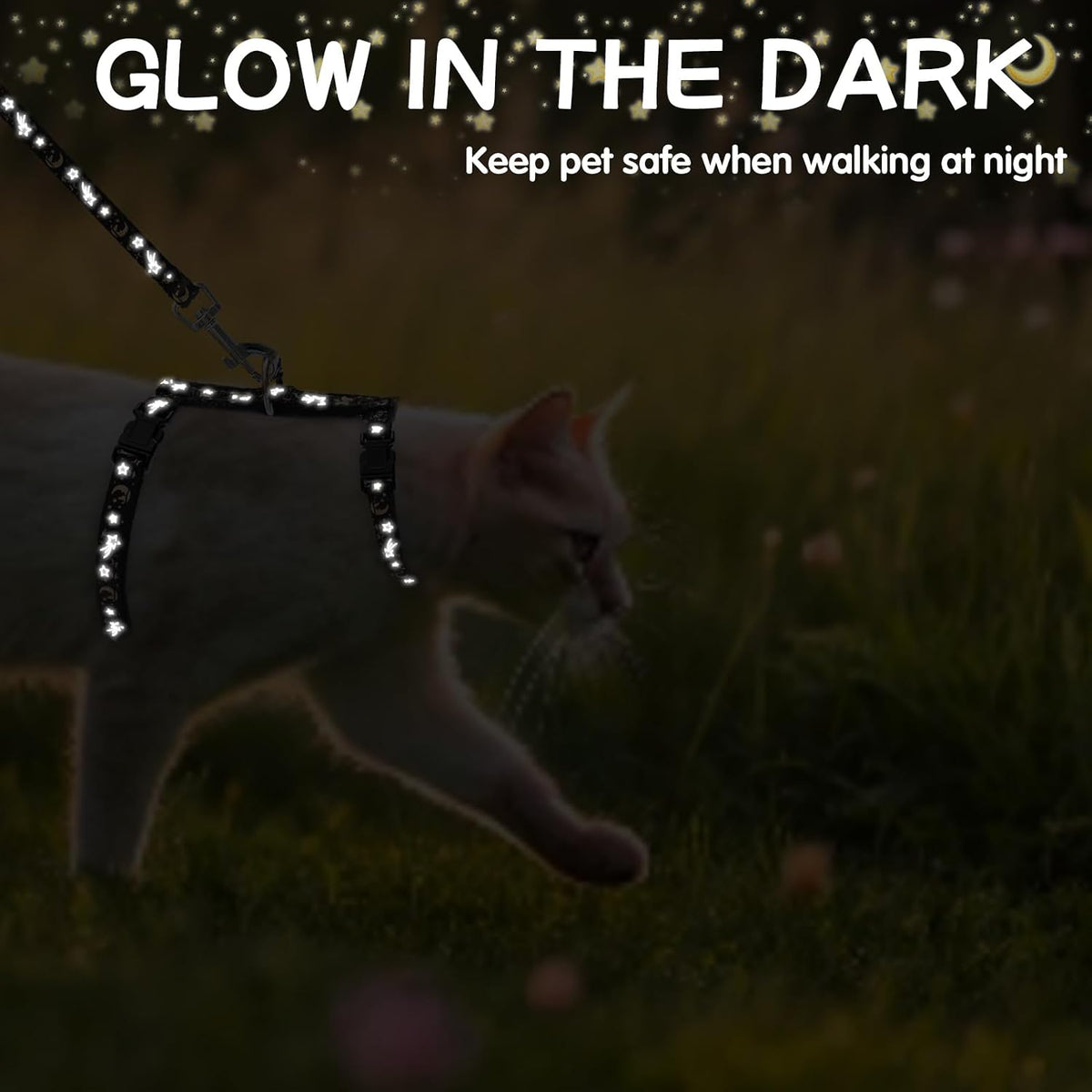 PAWCHIE Cat Harness with Leash and Collar Set - Escape Proof Adjustable H-shped Cat Harness with Star and Moon Pattern Glow in The Dark for Kitty Outdoor Walking