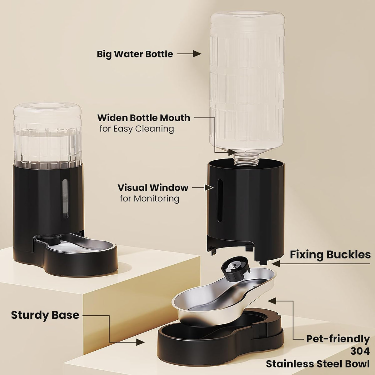 CZPET Gravity Dog Water Bowl Dispenser, Wider Mouth (8L, Black)