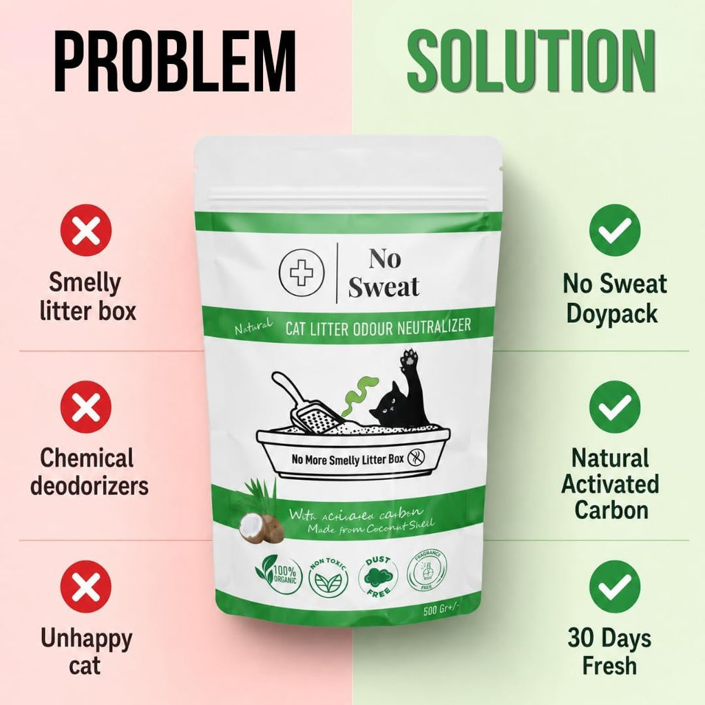 No Sweat Activated Carbon Cat Litter Odour Neutralizer-Made Of Coconut Shell-All Natural-No Chemical,Toxic Ingredients-Unscented-Planet Friendly-Economy Pack-500 GR- Packing May Vary