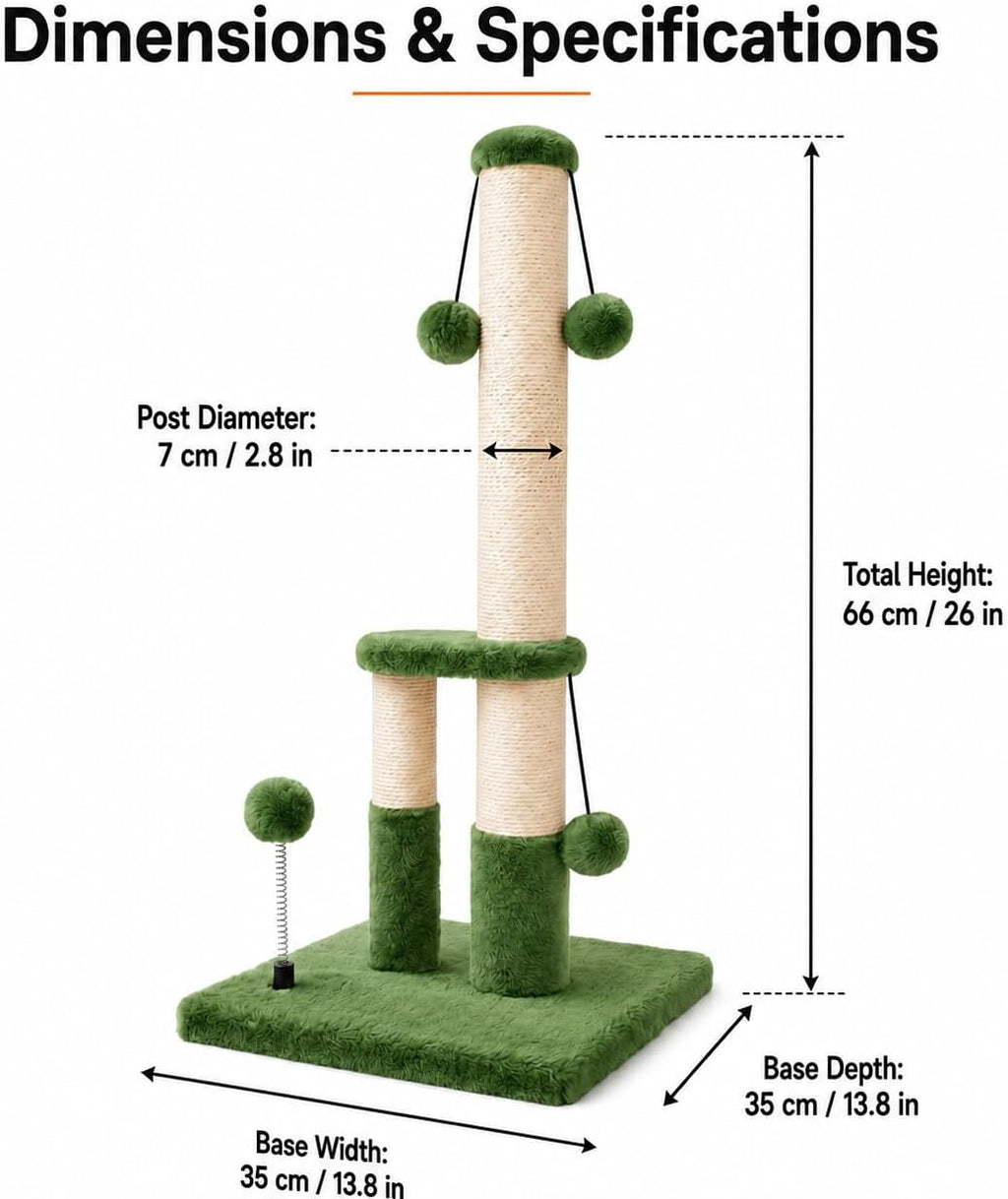 Dimaka Tall Cat Scratching Post, Double Lower Posts Extra Stable Cat Post Tree Scratcher with Sisal Rope and Teasing 4 Balls Total Large Base (Green)