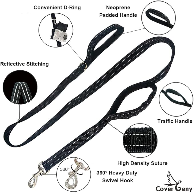 Dual Padded Handle Walking And Training Standard Leashes For Big Large Dogs With Reflective Stitching,360° Rotatable Heavy Duty Metal Buckle,D-Ring,Durable Nylon,6Ft Long For Over 70 Pounds