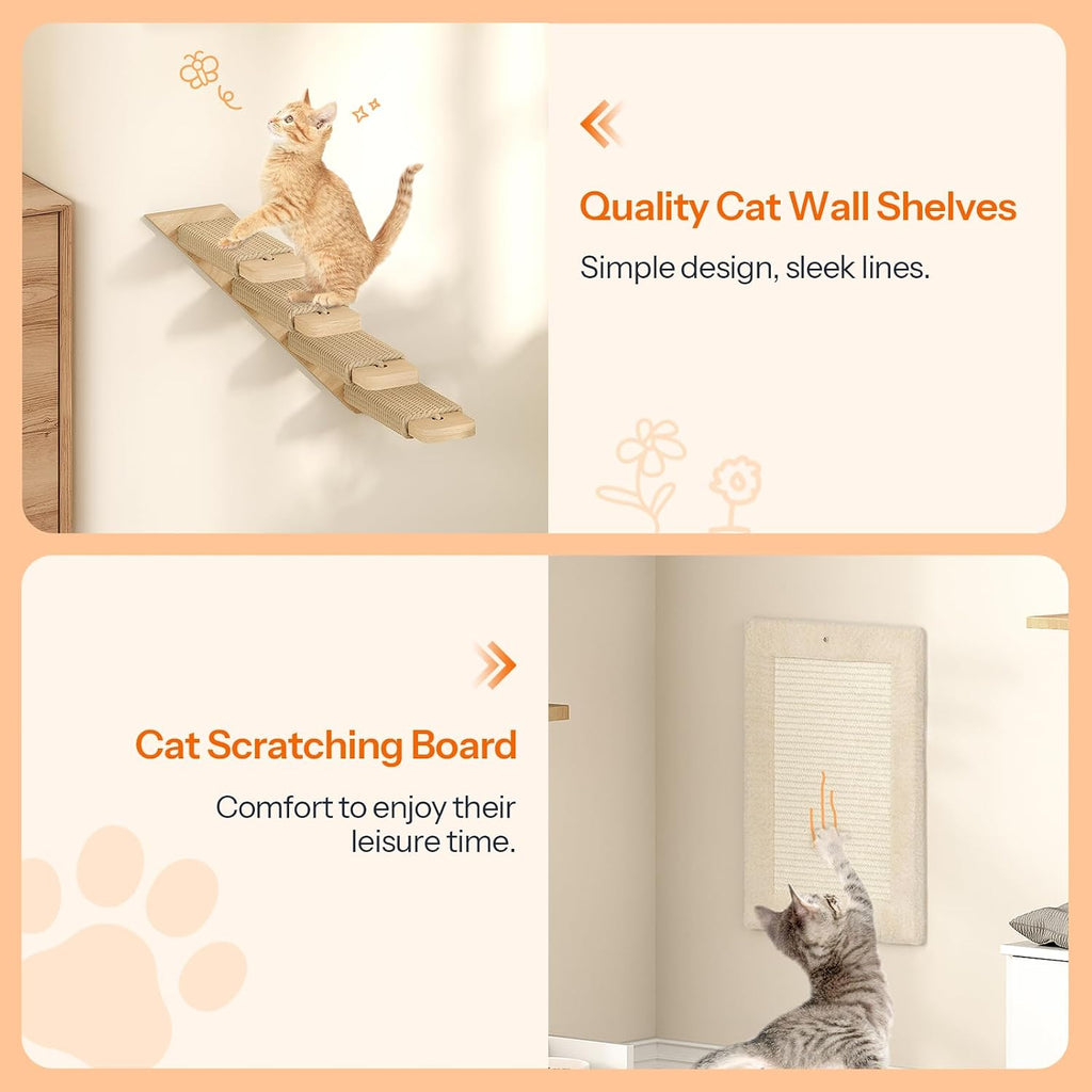 HOOBRO Wood Cat Wall Shelves, Set of 5 Modern Cat Wall Furniture with Corridor, Plush Hammock, Steps, Scratcher and Climbing Shelves for Playing, Sturdy, Durable and Safe, Natural NL45CS03