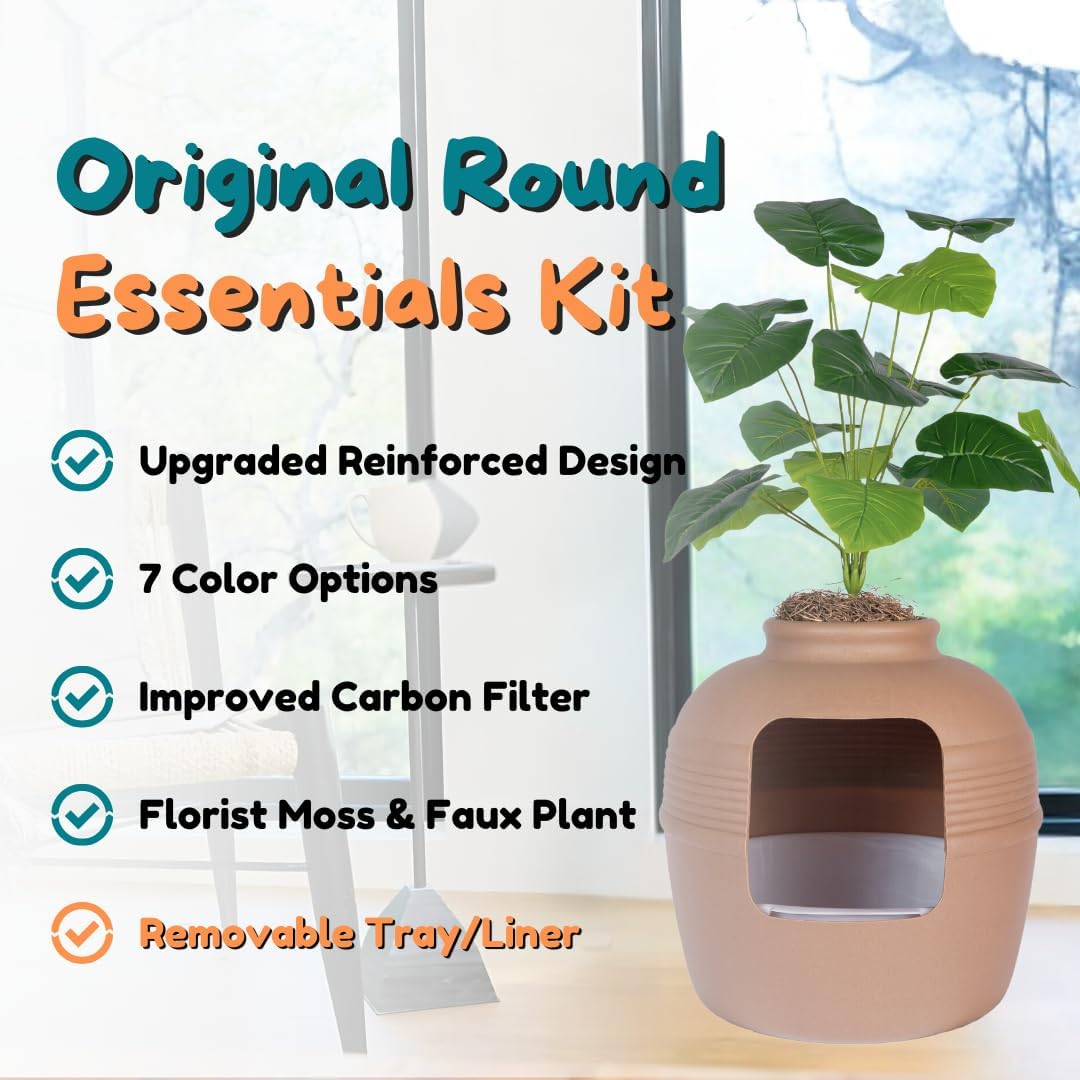 Good Pet Stuff Original Hidden Litter Box Planter, Decorative Cat Litter Enclosure, Carbon Filter, Faux Plant, Round Design, Easy Clean Litter Tray, Essentials Kit, Broad Leaf Plant, Terracotta Brown