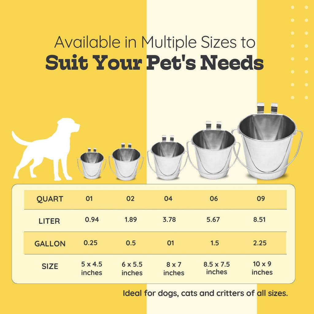 4 Quart Stainless Steel Flat Sided Bucket with Dual Hooks | 1 gal Durable Food & Water Bowl for XL Dogs, Cats, Goat & Livestock | Fits kennel Cage Critter Crate | Hanging Utility Pet Pail