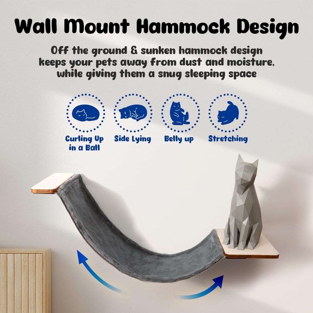 Cat Wall Furniture, Cat Hammock Wall Mounted Cat Shelf with 2 Steps, Cat Climbing Shelves and Perches and Lounging with Metal Frame and Wooden Shelf for Cozy Rest - MK2026B