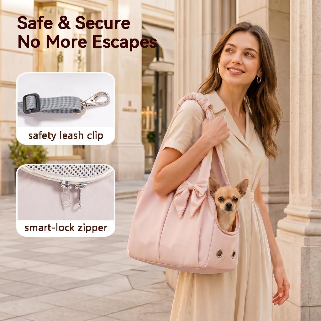Fashion Dog Purse Carrier for Small Dogs and Cats, Soft-Sided Puppy Tote Bag Up to 13lbs, Lightweight Pet Carrier with 4 Pockets, Smart Zipper Lock, Pet Travel Bag for Travel Outdoor(Pink)