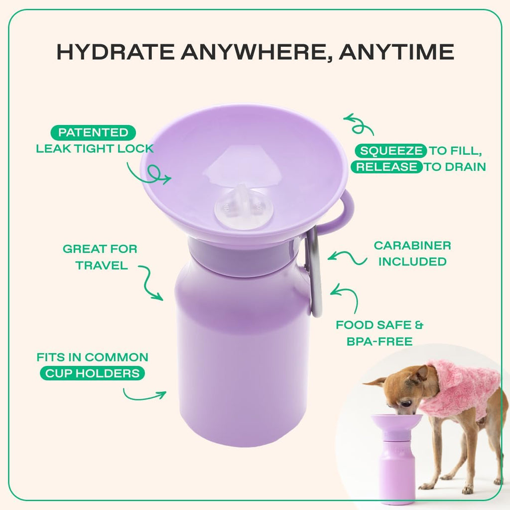 Springland 15oz Classic Portable Dog Water Bottle with Built-in Bowl, Lilac | Leak-proof, BPA-free, one-hand squeeze, for travel & hiking, fits car cup holders, great dog gift, as seen on Shark Tank 
