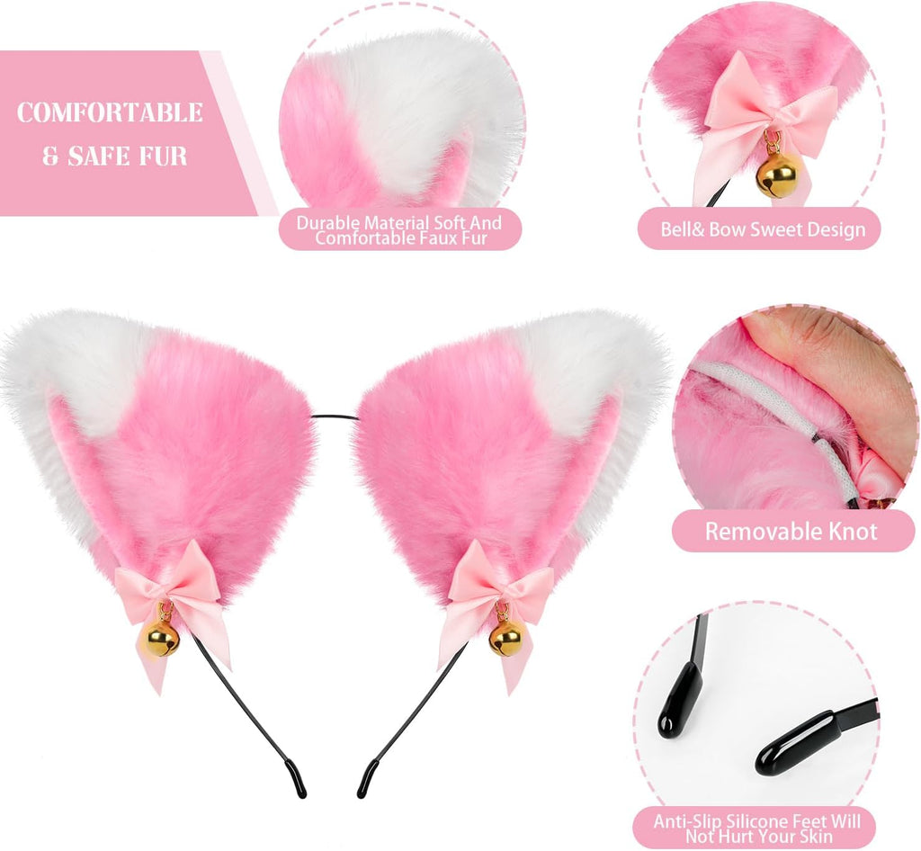 Cat Ears and Tail,Wolf Fox Ears Long Tail and Bell Lace Choker Set for Halloween,Animal Cosplay Party Costume