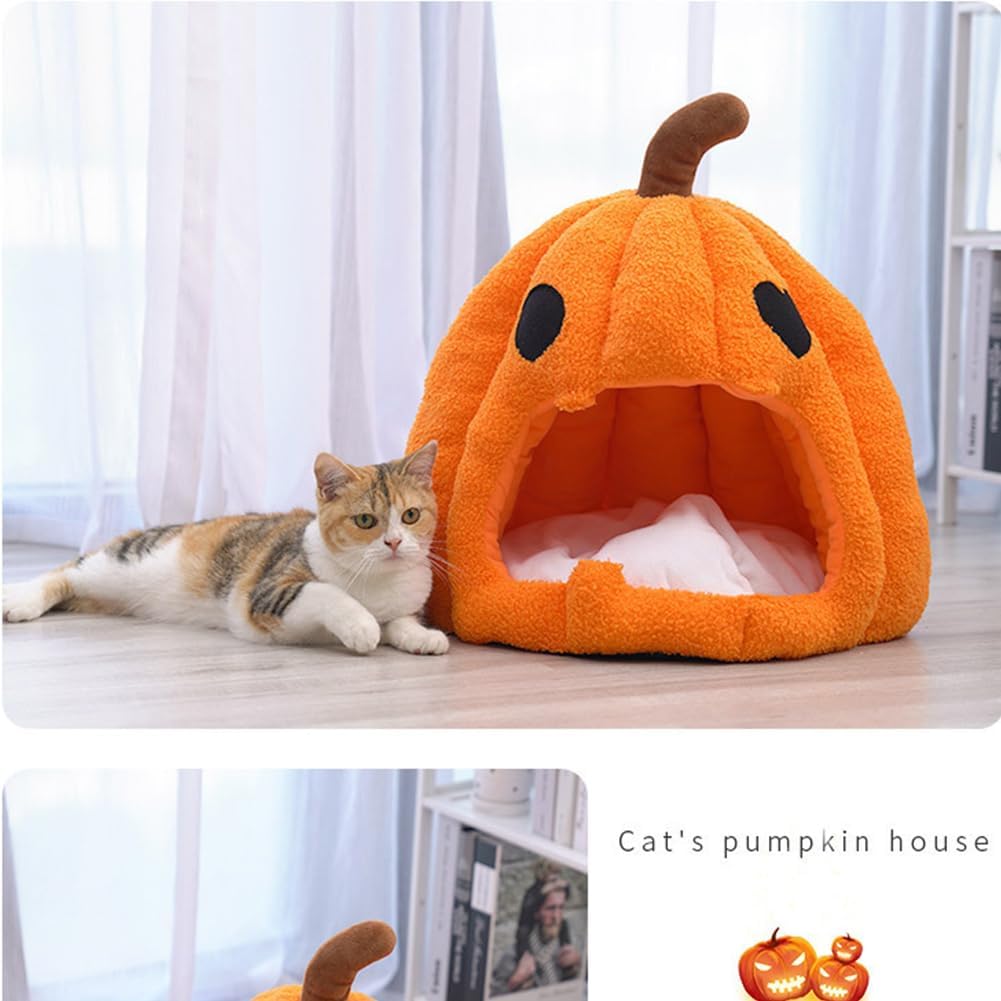 Cute Pumpkin Cat Bed for Indoor Cats Cat House Tent (Orange, 16 Inch)