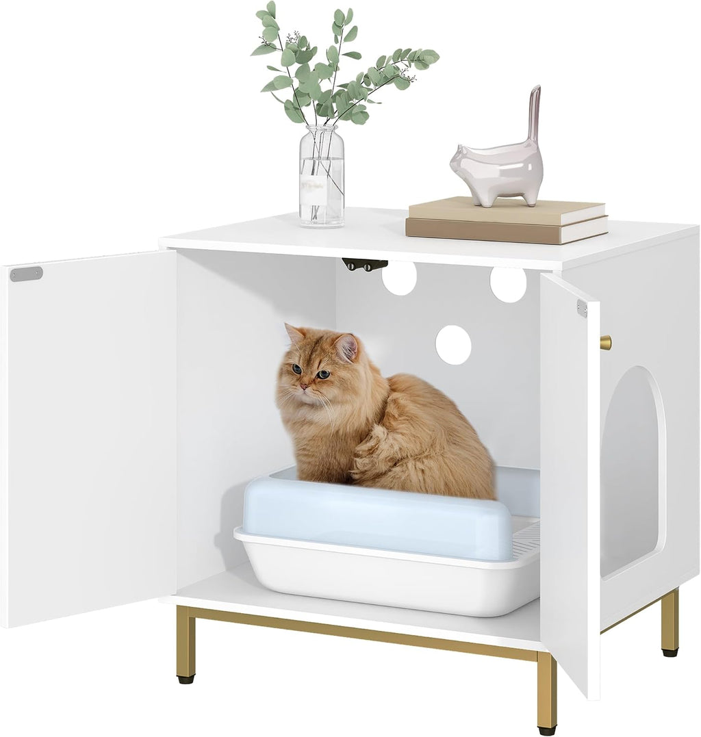 Hzuaneri Cat Litter Box Enclosure, Hidden Litter Box Furniture, Sisal Mat | Wooden Indoor Cat Cabinet, Modern Cat Washroom, Side End Table, for Living Room, Bedroom, White and Gold CB81203G