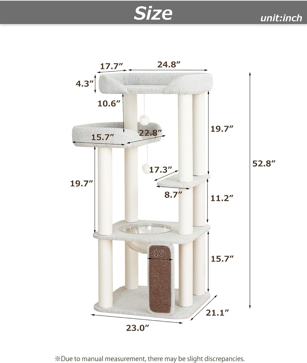 53" Cat Tree Tower for Large Cats, Large Perch & Sisal Board