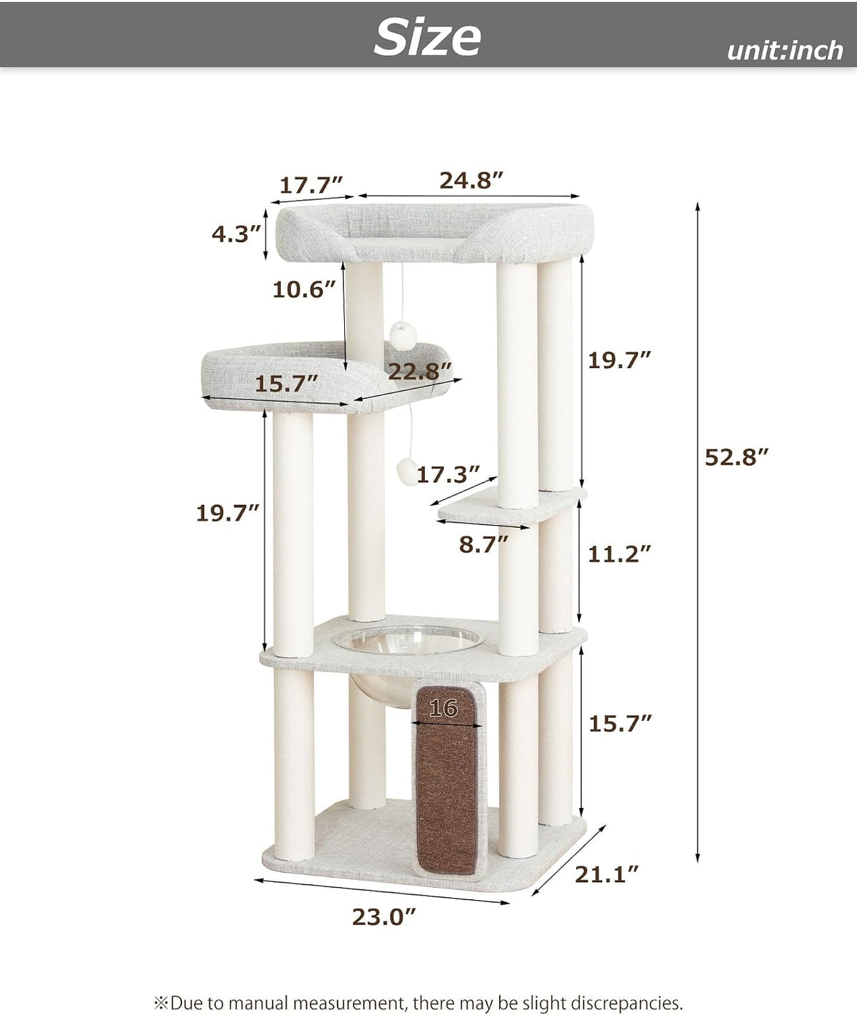 53" Cat Tree Tower for Large Cats, Large Perch & Sisal Board