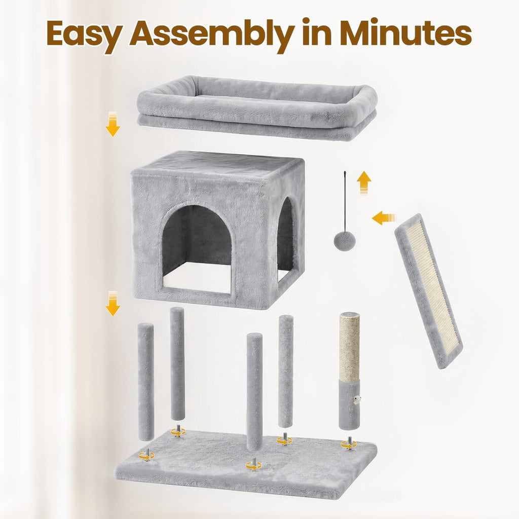 Cat Tree Tower with Scratching Post for Large Kitty, Light Grey