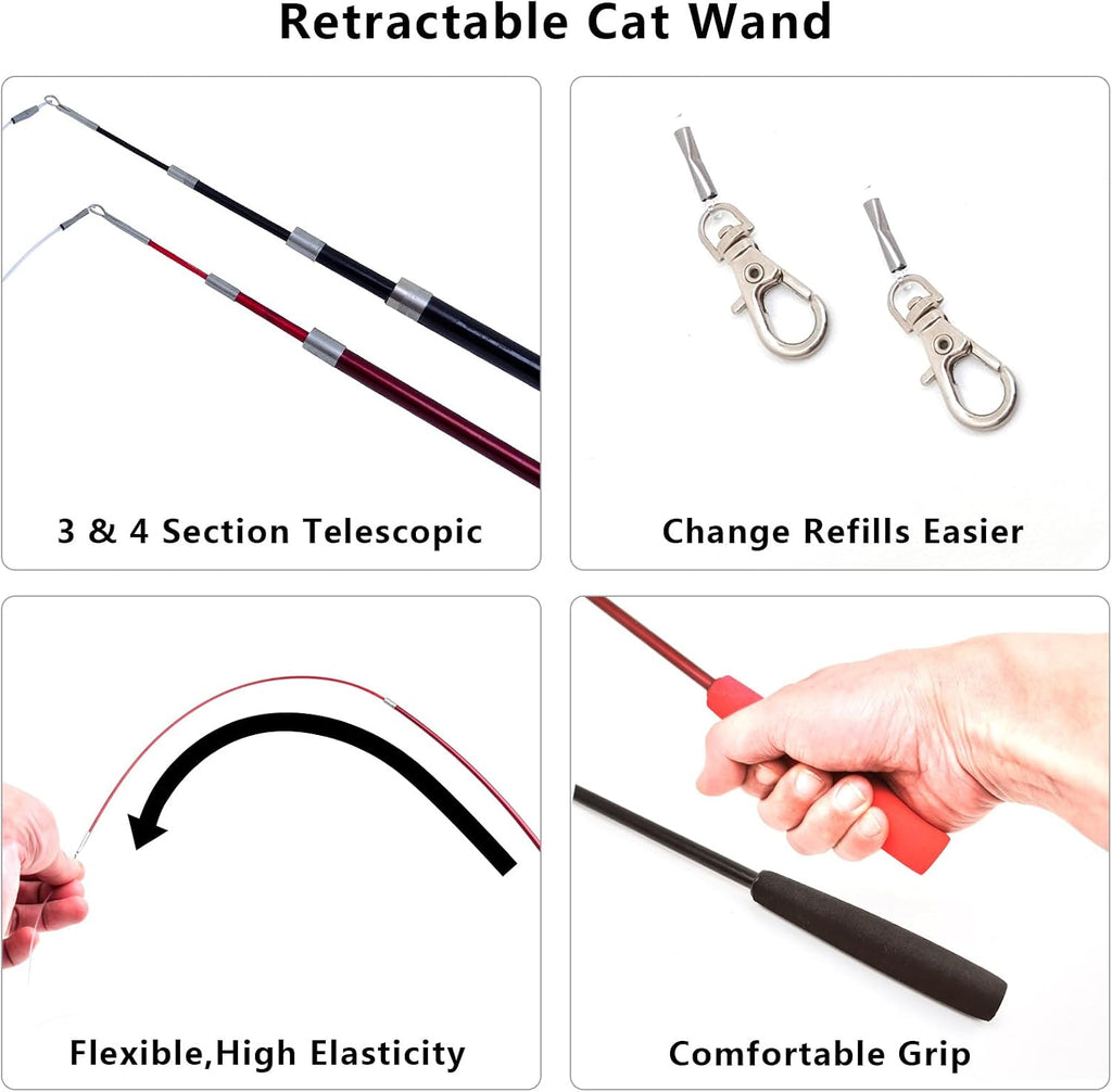 miwoowim Interactive Cat Wand Toy Set, 2 Telescopic Rods & 11 Attachments | Teaser refills for indoor cats,2 retractable fishing poles with worm,bird & feather toys replacement. Durable cat string toy