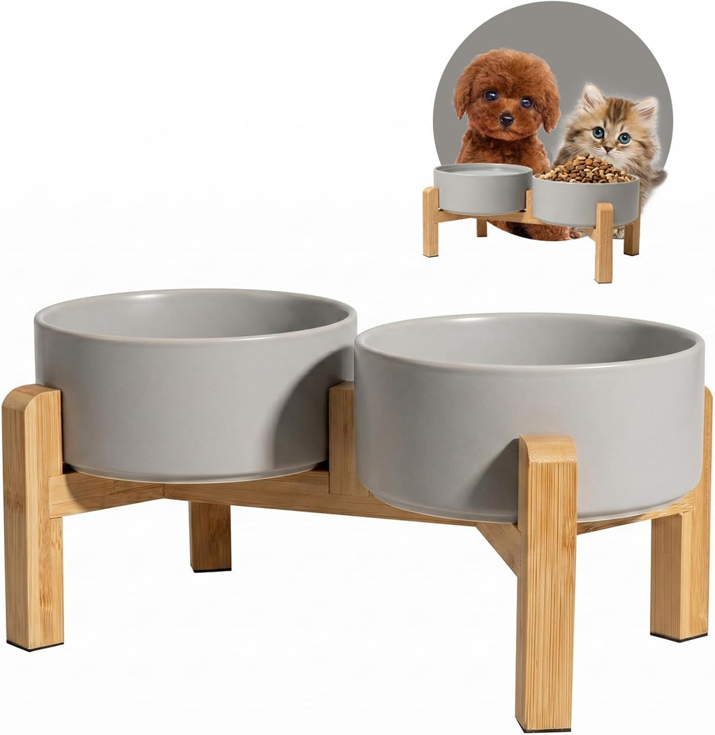 Elevated Ceramic Dog Bowl, 2 Cups Dog Food and Water Bowl Set with Stand | 5.1'' Double Dog Feeding Dishes, Non-Slip Raised Dog Feeder for Cats and Puppies, 16.23 OZ / 480 ML, White