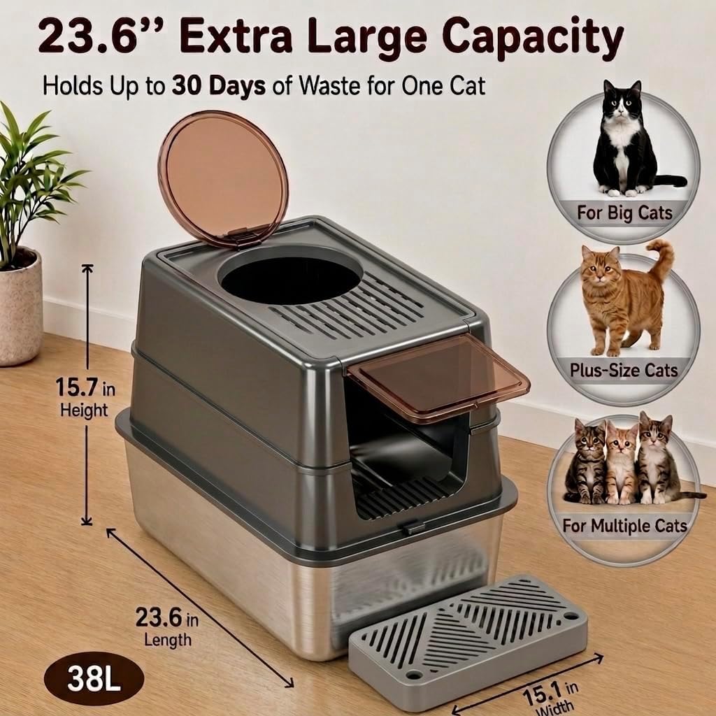 Stainless Steel Cat Litter Box with Lid, XL Enclosed Covered Litter Box for Large Cats, Front Entry Top Exit, High Sided Metal Litter Box, Odor Control, Leak Proof, Scoop & Pedal Included