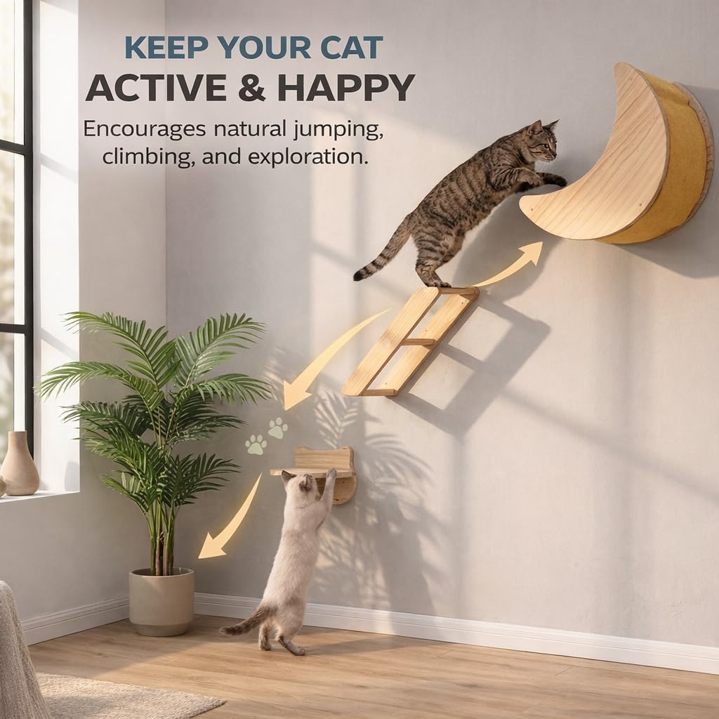 Cat Wall Shelves Set,Solid Wood Moon Bed,Perch & Stair for Climb and Rest